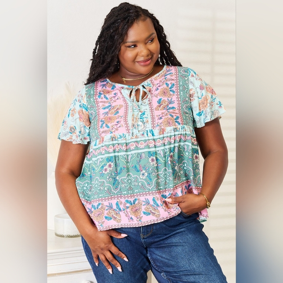Double Take Floral Multi Color Tie Neck Short Sleeve Blouse 20%OFF - Picture 1 of 9